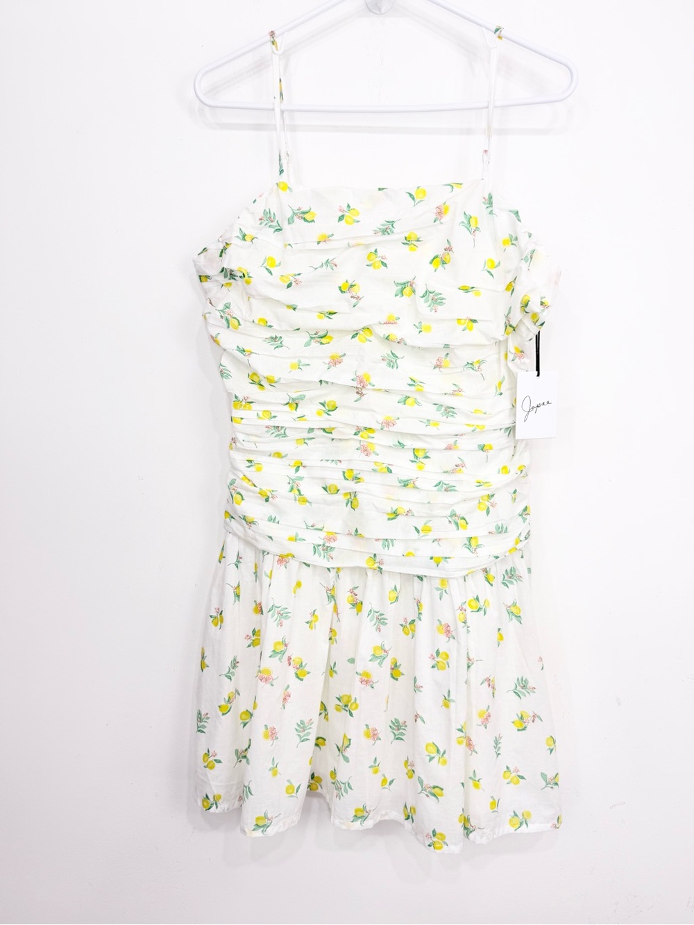 Japna White Yellow Floral Ruched Bust Smocked Back 100% Cotton Mini Dress NEW